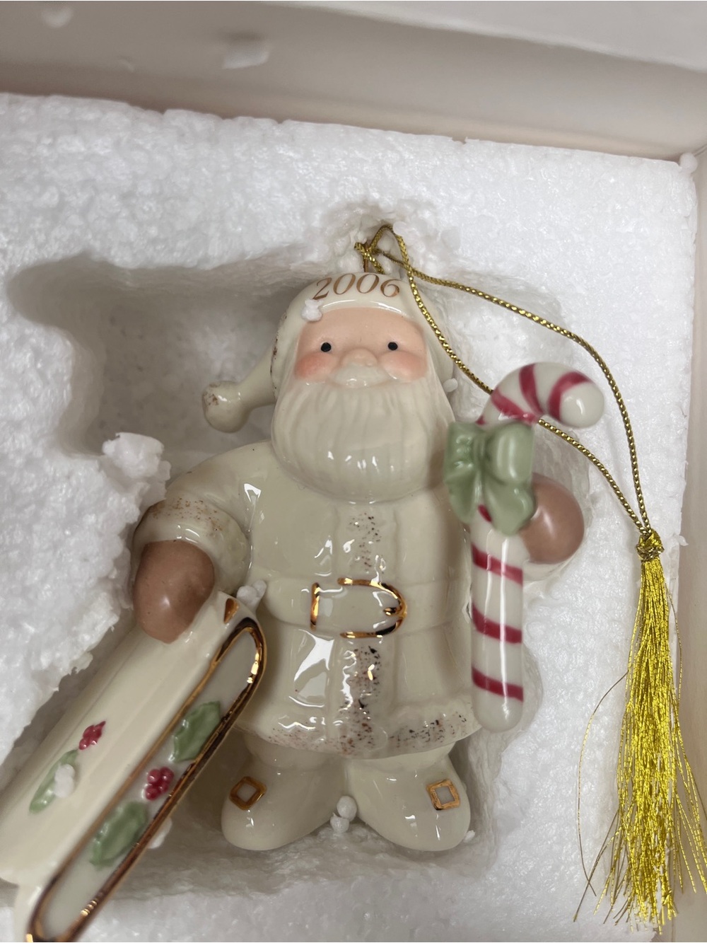Lenox Cream Santa Claus Ornament with Candy Cane - 2006 Holiday Decoration